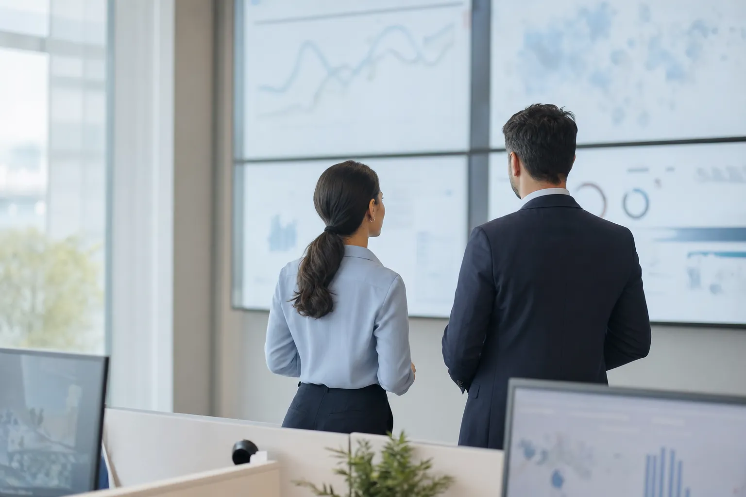 Sala de monitoramento corporativa clara com grandes telas exibindo visualizações de dados e duas pessoas conversando diante delas