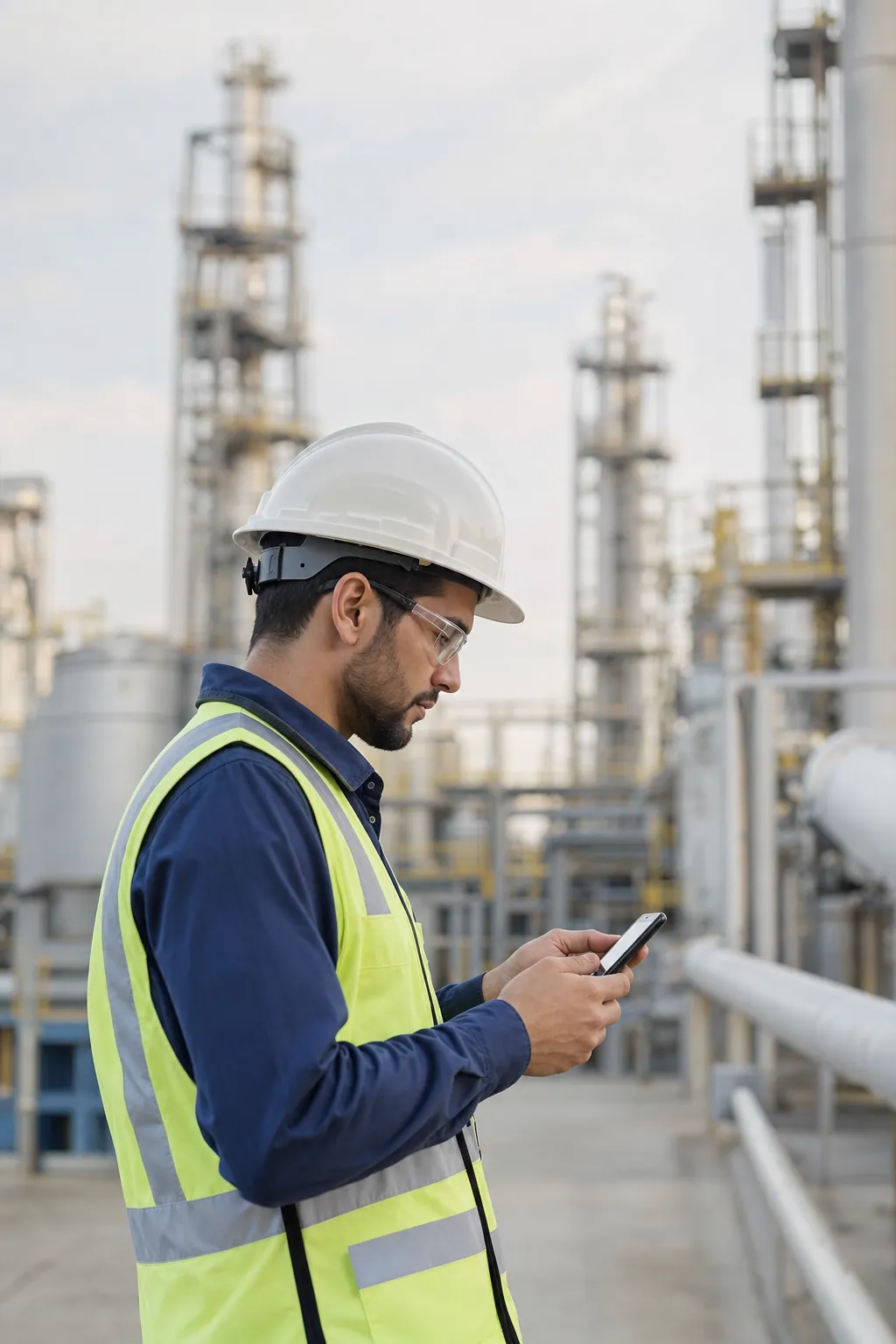 Trabalhador de campo com capacete e colete consulta smartphone em área operacional de planta industrial