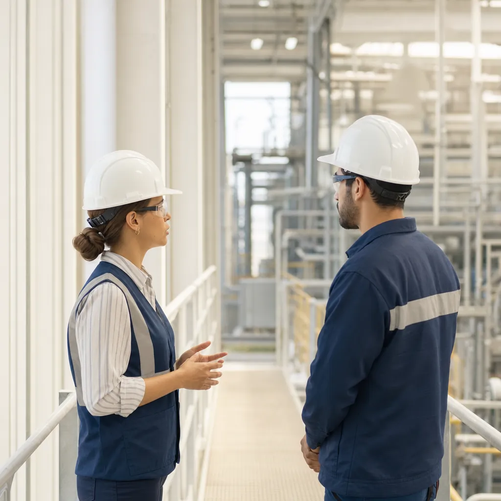 Supervisora com capacete e colete conversa individualmente com colaborador em passarela de planta industrial