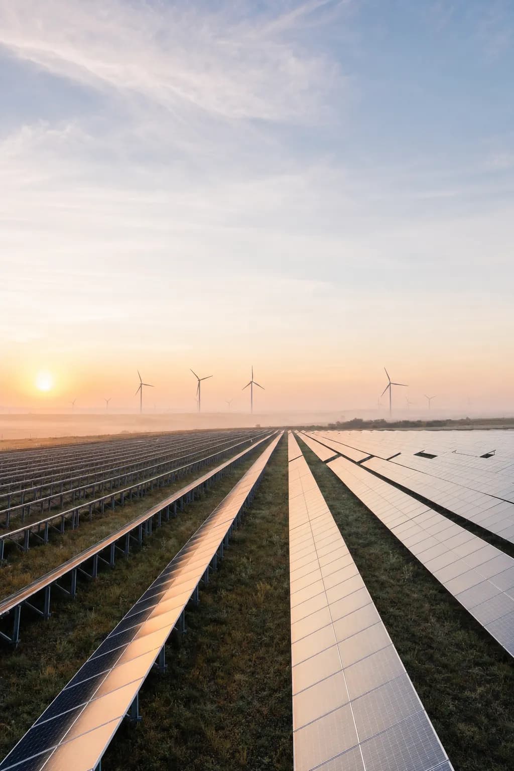 Fileiras de painéis solares em planície rural ao amanhecer, com turbinas eólicas distantes na névoa