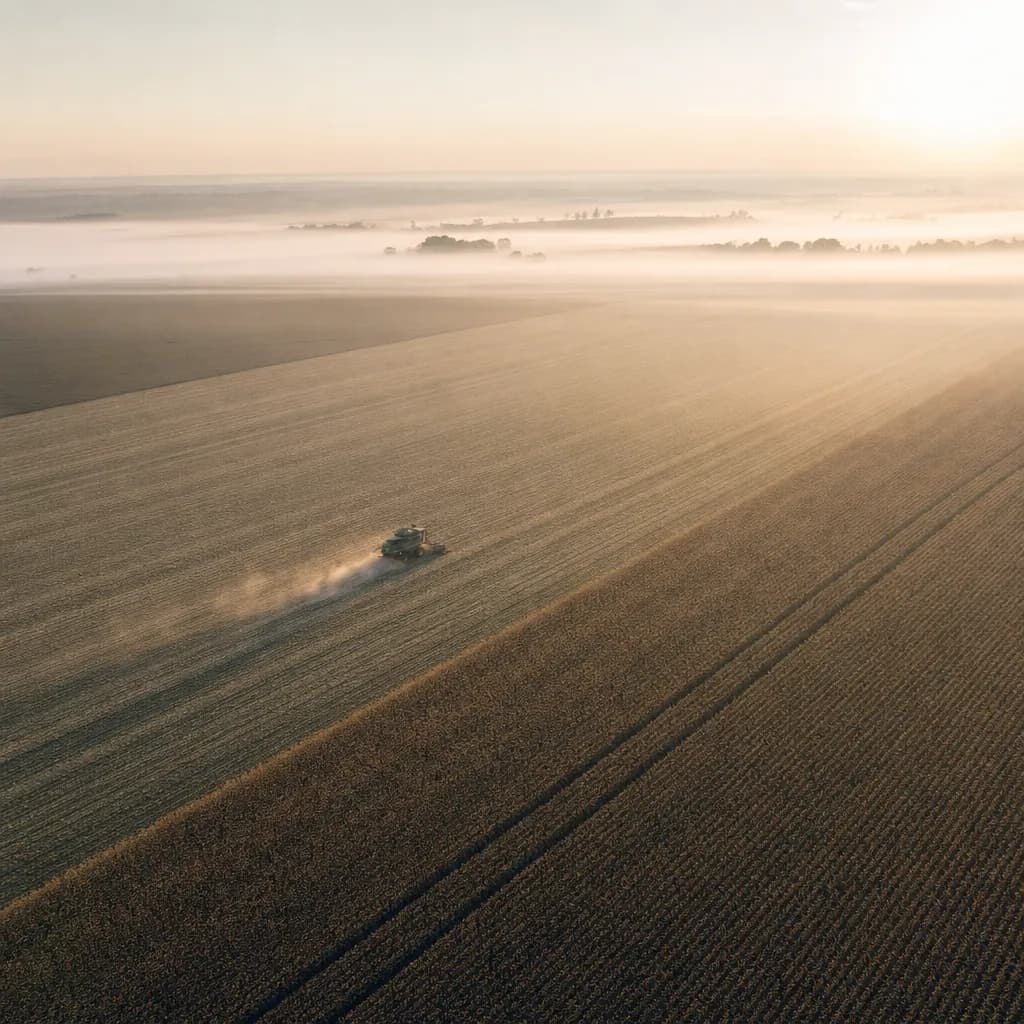 Vista aérea de lavoura em padrões geométricos suaves ao amanhecer, com colheitadeira solitária trabalhando ao longe e deixando linhas precisas no campo sob névoa baixa