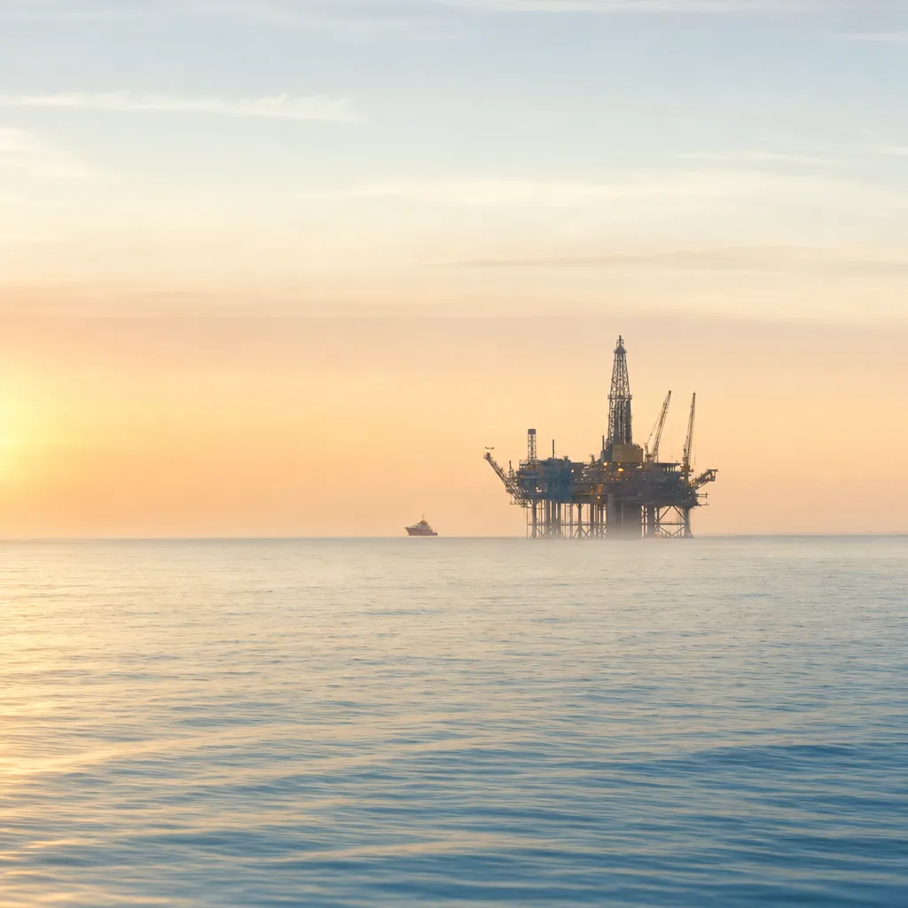 Plataforma de petróleo offshore vista à distância em mar calmo ao amanhecer, com névoa marítima leve e embarcação de apoio ao longe