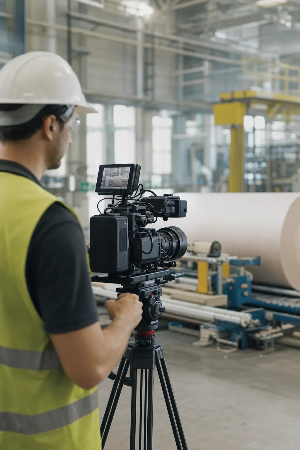 Profissional de vídeo com colete de segurança e capacete operando câmera de cinema em tripé dentro de planta industrial, documentando a operação ao fundo
